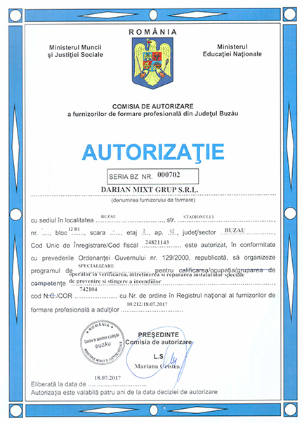 Autorizație Operator în Verificarea, Întreținerea și Repararea Instalațiilor Speciale PSI