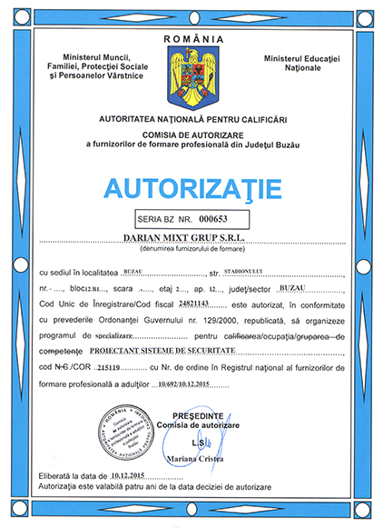 Autorizație Proiectant Sisteme de Securitate