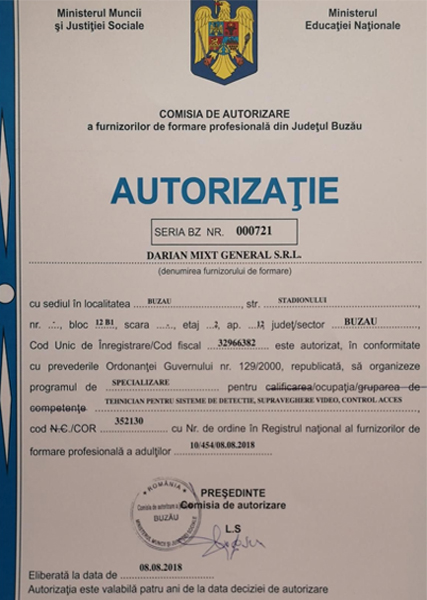 Autorizație Tehnician Sisteme de Detecție, Supraveghere Video, Control Acces
