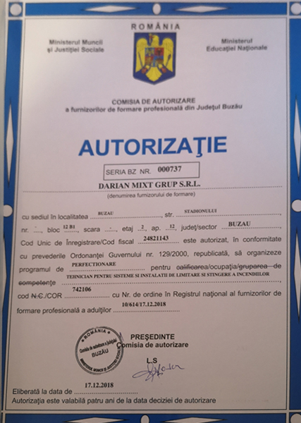 Autorizație Tehnician pentru Sisteme și Instalații de Limitare și Stingere a Incendiilor